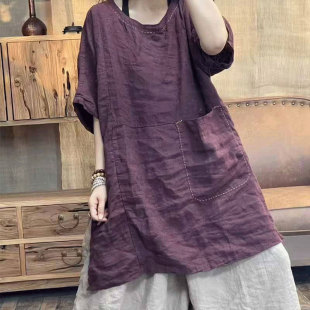 高端品牌亚麻袍子文艺复古民族风大码宽松休闲个性潮炒色上衣女夏