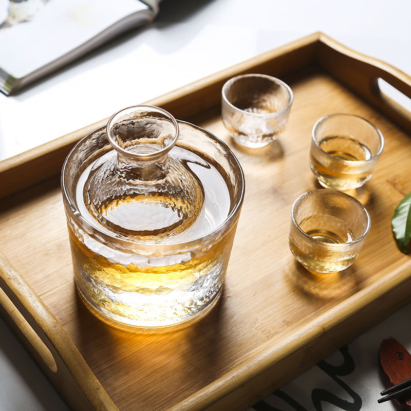 日式加厚玻璃一壶四杯温酒器果酒清酒壶白黄酒杯锤纹玻璃酒具套装