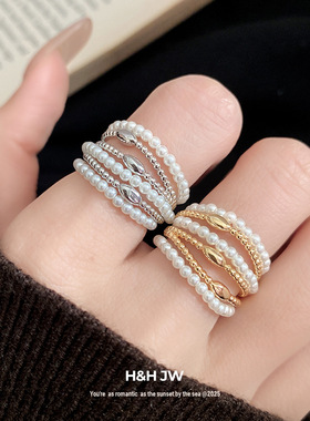 韩国东大门多层珍珠开口戒指法式复古时尚食指戒轻奢高级感手饰女
