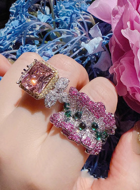 新款方形锆石开口戒指法式复古宫廷风食指戒轻奢时尚高级感手饰女