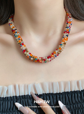 韩国东大门新款撞色个性小众文艺编织彩虹米珠串珠项链气质锁骨链