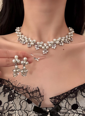 新款欧美时尚镶钻珍珠套链饰品新娘气质项链轻奢高级感锁骨链项饰