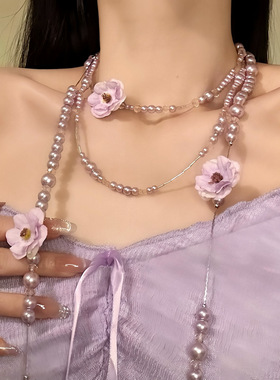新款法式优雅花朵珍珠项链设计感时尚百搭毛衣链轻奢高级感项饰女
