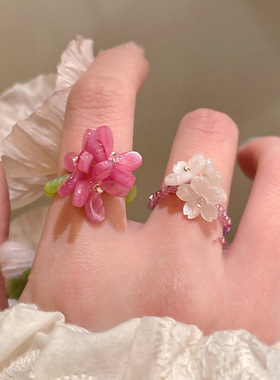 新款花朵米珠弹力戒指甜美小清新时尚食指戒百搭小众高级感手饰女