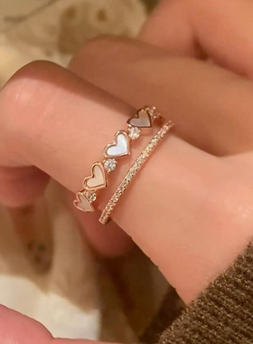 韩国新款锆石贝母爱心双层开口戒指甜美小众食指戒百搭高级感手饰