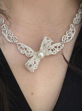 韩国新款褶皱蝴蝶结珍珠吊坠项链时尚简约颈链小众高级感百搭饰品