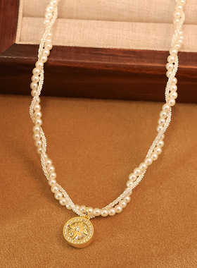 韩国东大门锆石星芒缠绕珍珠项链法式复古气质锁骨链时尚小众项饰