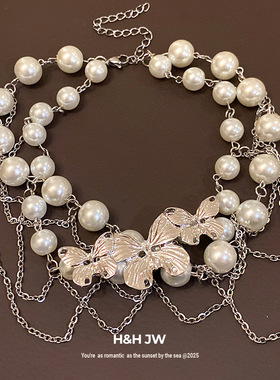 新款双层珍珠串珠蝴蝶项链法式复古精致时尚锁骨链轻奢高级感项饰