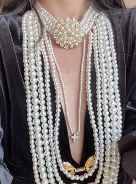 新款欧美多层珍珠串珠项链轻奢夸张高级感毛衣链小众时尚气质饰品