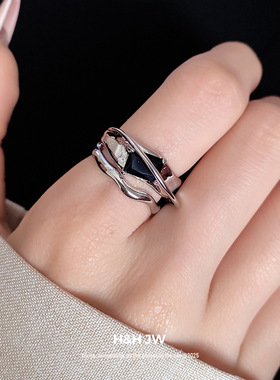 新款三层方形锆石开口戒指女欧美高级感食指戒ins个性冷淡风手饰