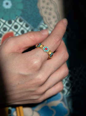 韩国东大门滴油锆石花朵戒指中古vintage食指戒轻奢气质小众手饰