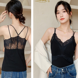 D2093 丽维 秋冬款 磨毛绒保暖蕾丝美背一体胸垫打底女式 背心吊带衫