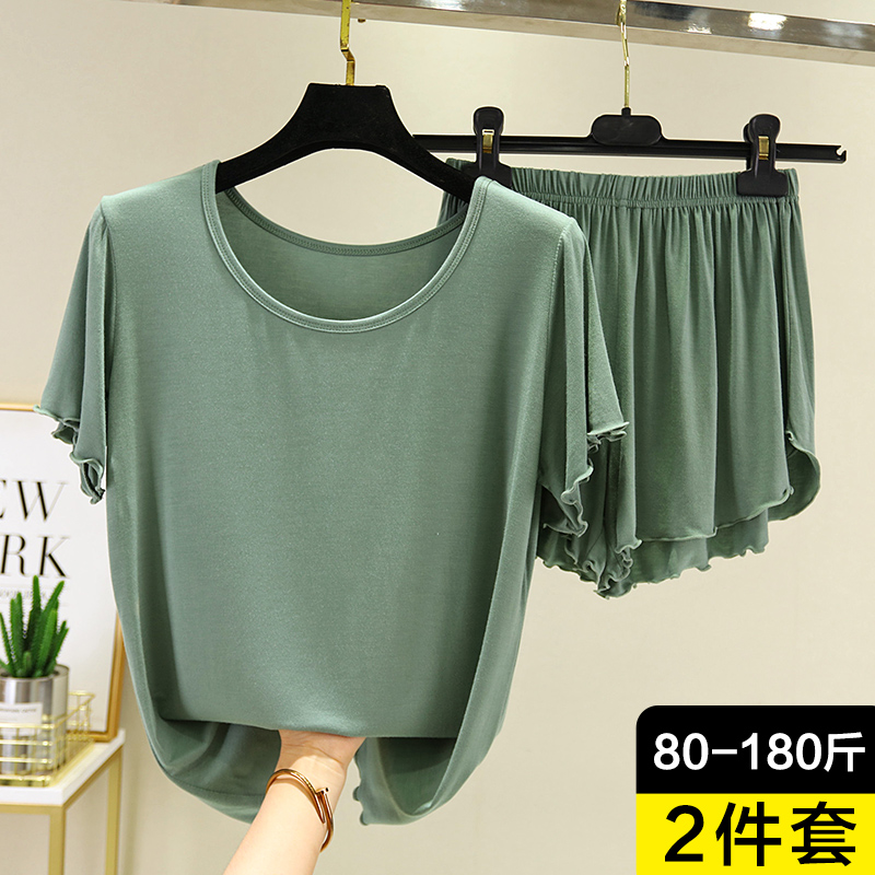 莫代尔短袖T恤套装女夏宽松大码半袖短裤圆领内搭睡衣两件装薄款
