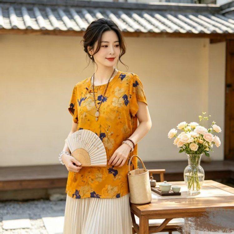 时尚中式黄色花卉图案中年女士夏季薄款短袖国风T恤女