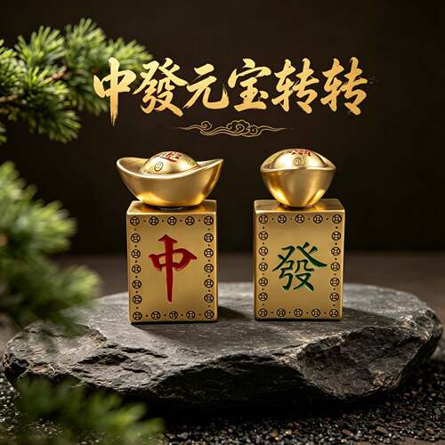 黄铜中發元宝转转摆件 可旋转金元宝麻将红中发财桌面招财手把件