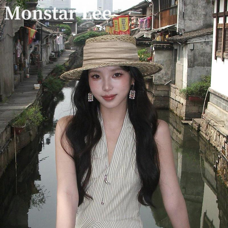 Monstar Lee法式度假草帽防紫外线大檐遮阳帽镂空草编平顶渔夫帽
