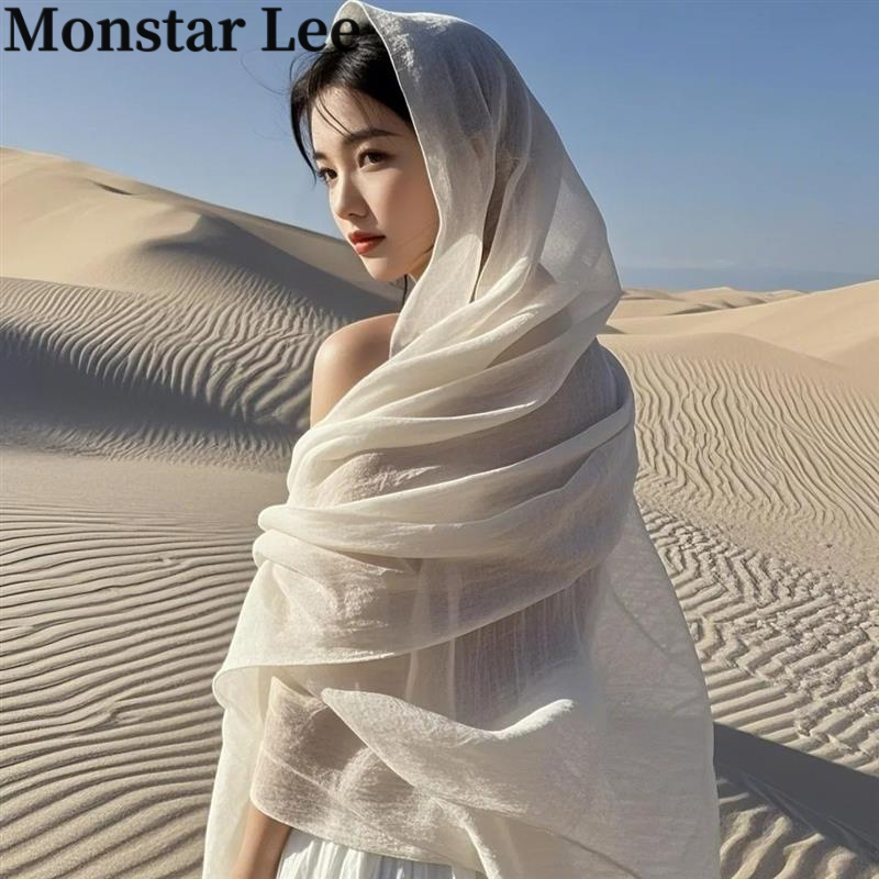 Monstar Lee米白色围巾女沙漠旅游拍照出片丝巾复古防晒超大纱巾
