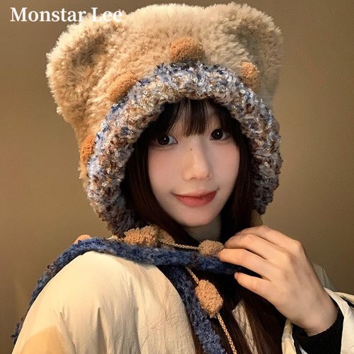 Monstar Lee可爱小熊毛绒帽子女秋冬季加厚保暖护耳雷锋帽显脸小
