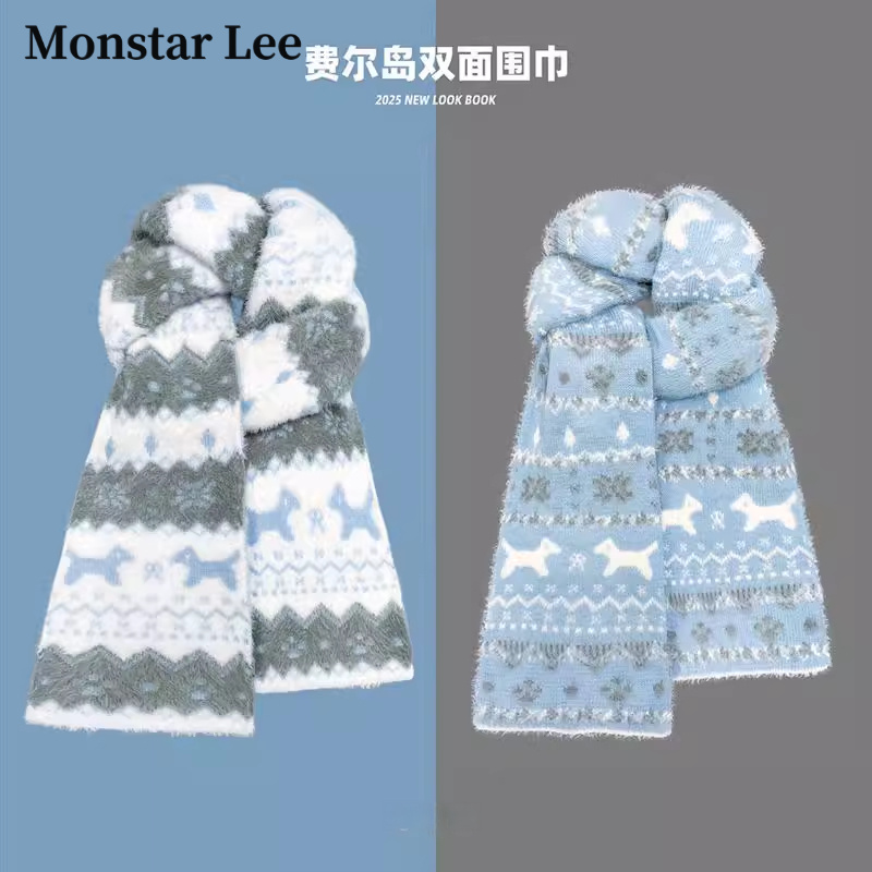 Monstar Lee费尔岛风针织围巾女秋冬季加厚保暖防寒护颈围脖学生