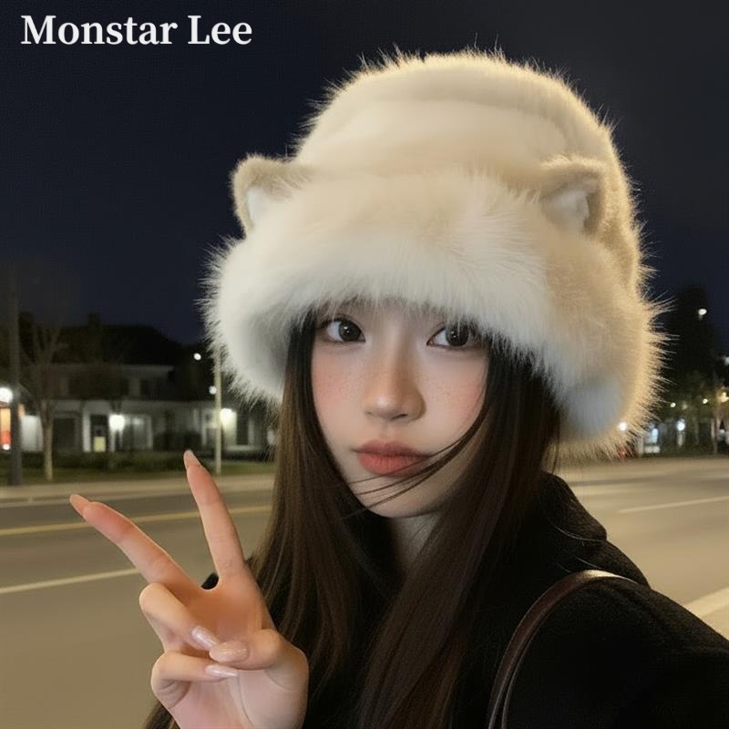Monstar Lee毛绒渔夫帽子女款2025新款冬大头围保暖防寒护耳盆帽