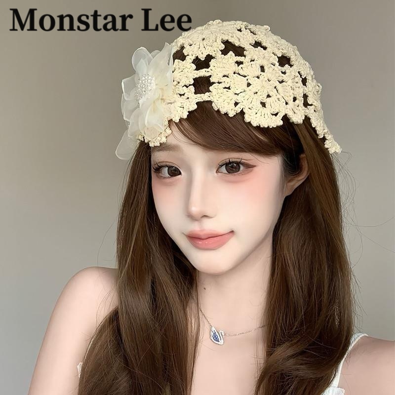 Monstar Lee白色镂空花朵编织帽2025年头巾包头帽温柔蕾丝针织帽