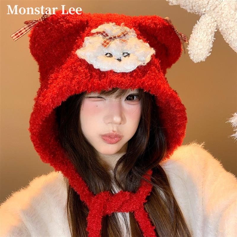 Monstar Lee毛绒帽子女冬季新款可爱保暖护耳帽子显脸小毛线帽