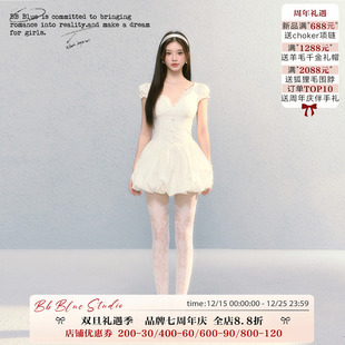 BLUE 夏季 初恋泡芙 纯欲气质高腰收腰小白裙V领短袖 连衣裙 法式