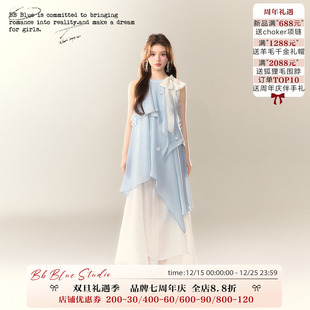 法式 蓝色人鱼 浪漫气质显瘦挂脖千金蝴蝶结度假连衣裙夏 BLUE