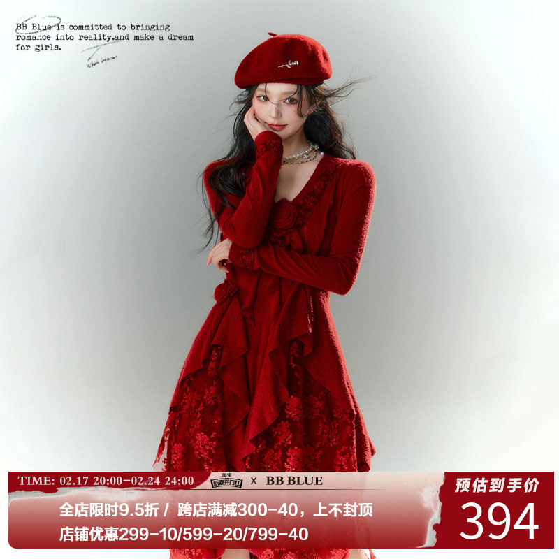 BB BLUE原创设计 新年战袍法式赫本小红裙千金感毛衣连衣裙秋冬季