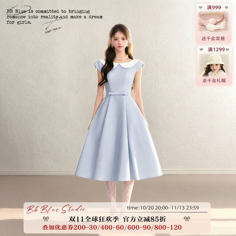 BB BLUE/温莎小姐/法式收腰显瘦氛围感娃娃领赫本高级气质连衣裙