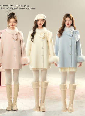 BB BLUE/苏黎世初雪/真狐狸毛100全羊毛大蝴蝶结高级感双面呢外套