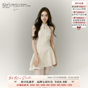 国风无袖 新中式 原创设计 挂脖连衣裙女改良旗袍公主裙子 BLUE