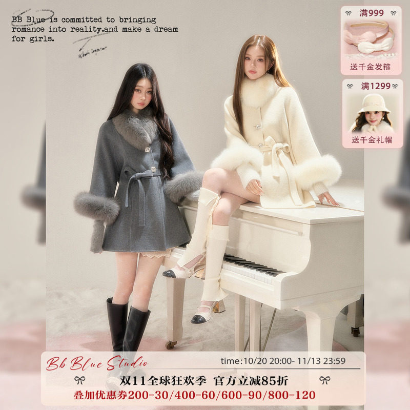 BB BLUE/格雷千金/高级感呢子外套双面呢羊毛真狐狸毛羊绒大衣女