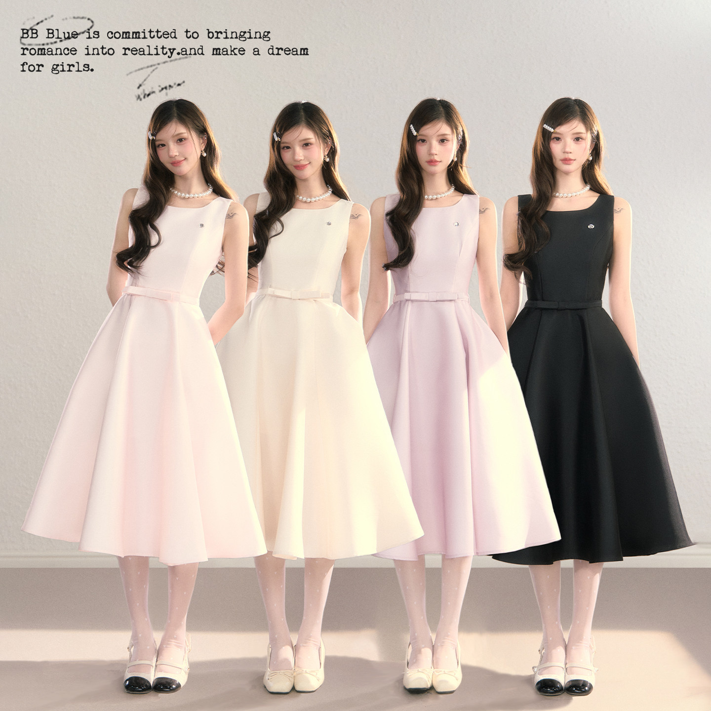 BBBLUE/千金礼赞/蝴蝶结U领法式赫本千金风收腰无袖礼服生日长裙