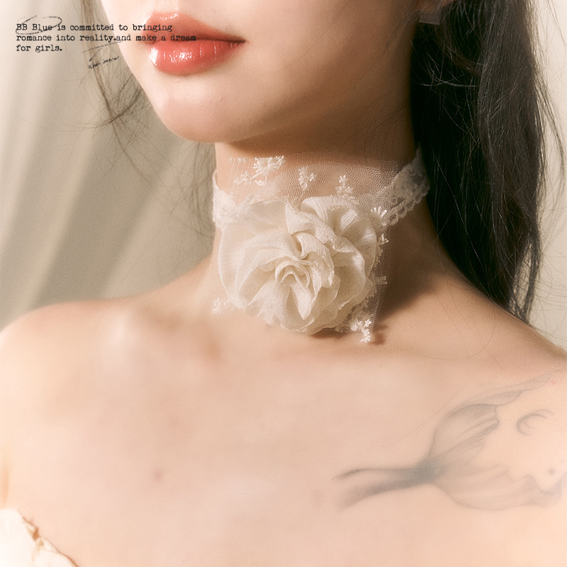 BB BLUE 原创设计 蕾丝玫瑰花朵颈脖装饰花系脖choker项圈项链