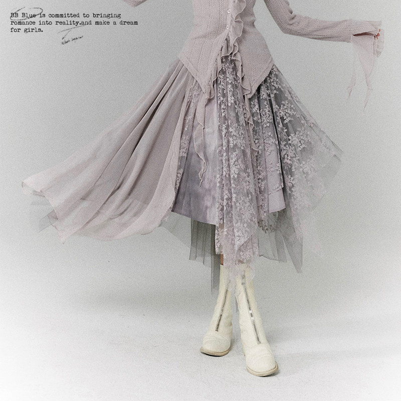 BB BLUE 原创设计 高腰a字碎花半身裙女秋冬小众不规则长纱裙子