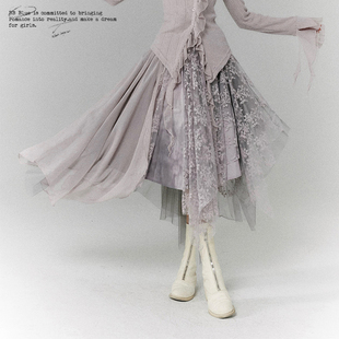 高腰a字碎花半身裙女秋冬小众不规则长纱裙子 原创设计 BLUE