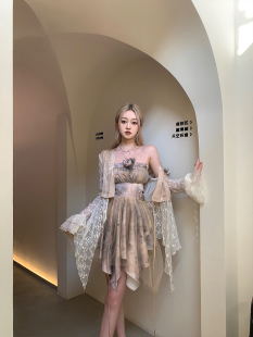 BLUE原创日式 艺术防晒开衫 扎染蕾丝开衫 仙气女神款 玫瑰胸花