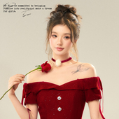 红色丝绒法式 BBBLUE 圣诞晚宴毛球项链 千金风少女甜美可爱项链女