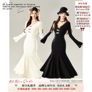 秋冬穿撘气质修身 V领针织鱼尾连衣裙 原创设计 百搭显瘦 BLUE