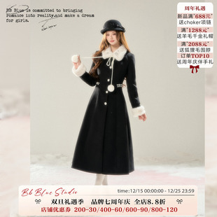 赫本千金风毛呢大衣高级氛围感收腰长款 北欧冬日 外套女 BLUE