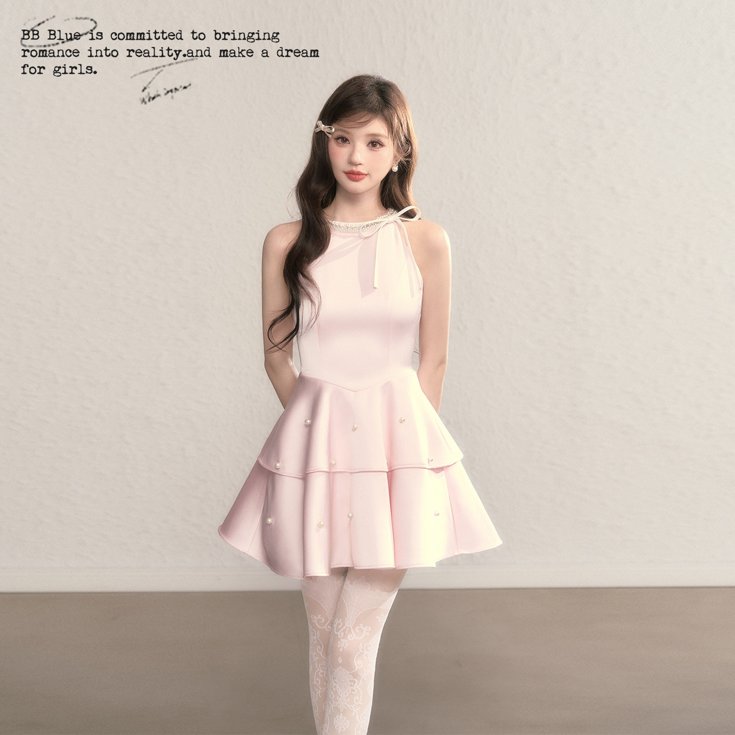 BB BLUE/珍珠公主/设计感法式无袖收腰A字赫本礼服挂脖钉珠连衣裙