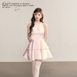 无袖 设计感法式 珍珠公主 收腰A字赫本礼服挂脖钉珠连衣裙 BLUE