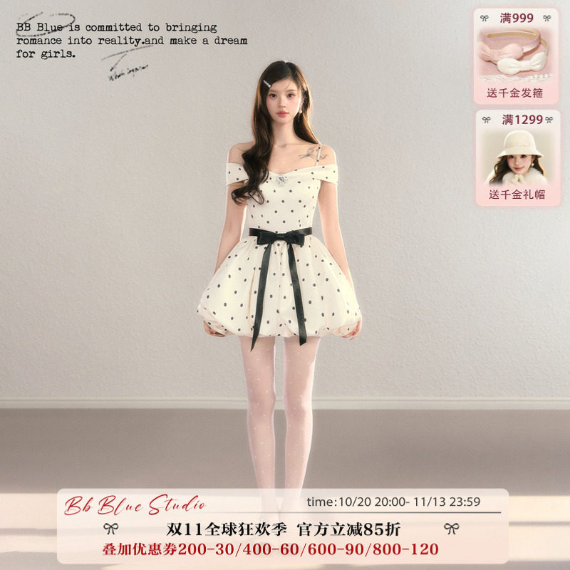 BBBLUE/波点泡芙/巨好看的波点法式公主一字肩设计感气质连衣裙女