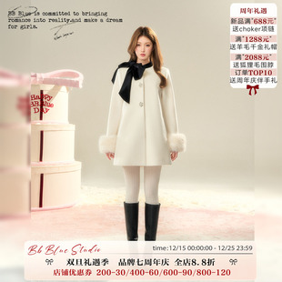 25年新款 白雪公主 大蝴蝶结撞色千金感羊毛双面呢大衣女 BLUE