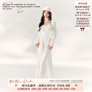 BLUE 裙子修身 原创设计 秋冬配大衣 高级 皎洁月光鱼尾连衣裙