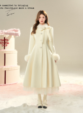 BBBLUE/冰岛情书/2025年新款新色赫本千金风蝴蝶结长款收腰大衣女