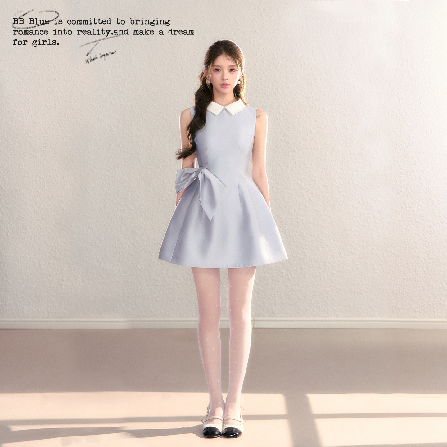 BBBLUE/雾蓝小姐/撞色娃娃领赫本设计感春夏系带蝴蝶结蓬蓬裙女