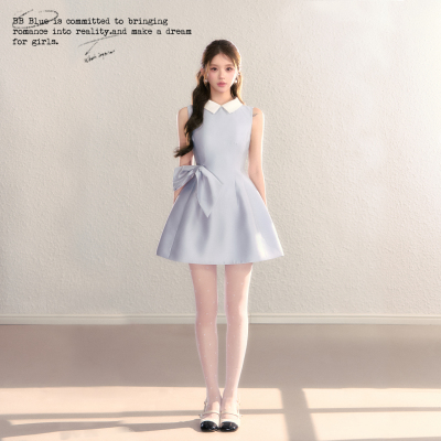 BBBLUE/雾蓝小姐/撞色娃娃领赫本设计感春夏系带蝴蝶结蓬蓬裙女