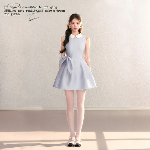 BBBLUE/雾蓝小姐/撞色娃娃领赫本设计感春夏系带蝴蝶结蓬蓬裙女